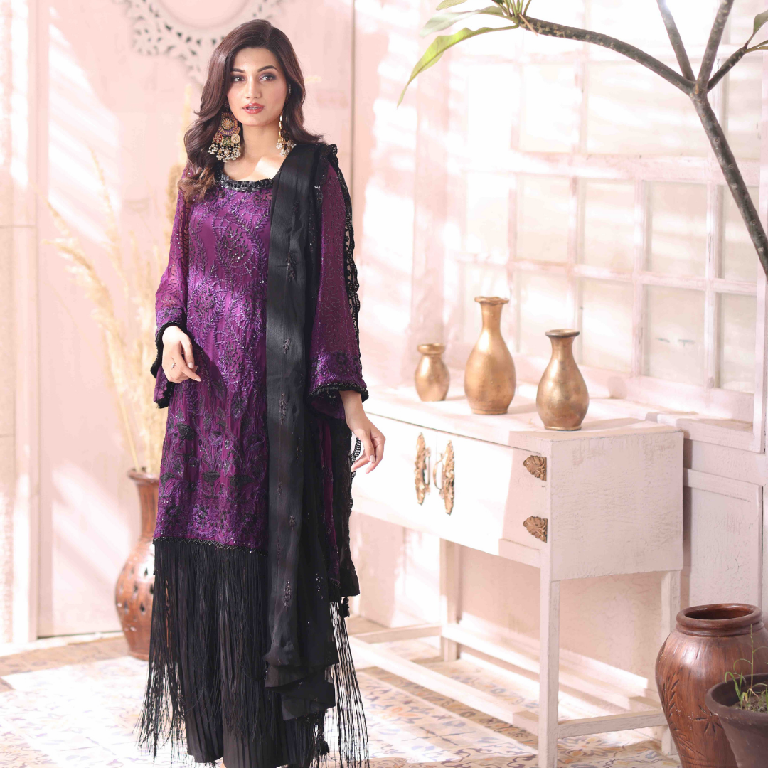 3-piece Embroidered Chiffon Suit - Crushed Grape