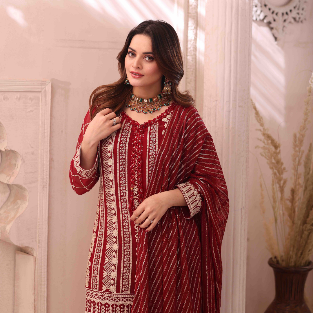 3 Piece Embroidered Chiffon Suit