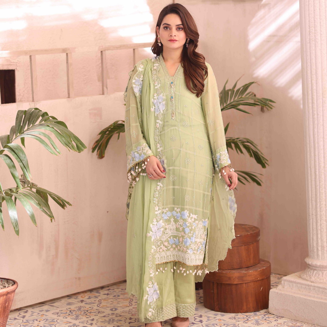 3 Piece Embroidered Chiffon Suit - Mist Green