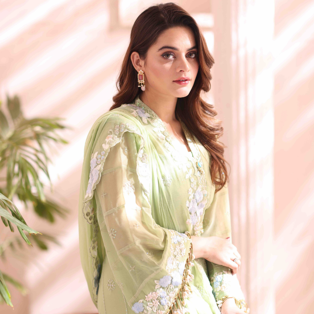 A girl is standing wearing Embroidered Chiffon Suit of Mist Green color with embroidery on sleeves.