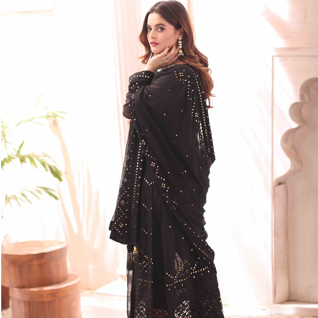 Total Eclipse - 3 Piece Embroidered Chiffon Suit - Black