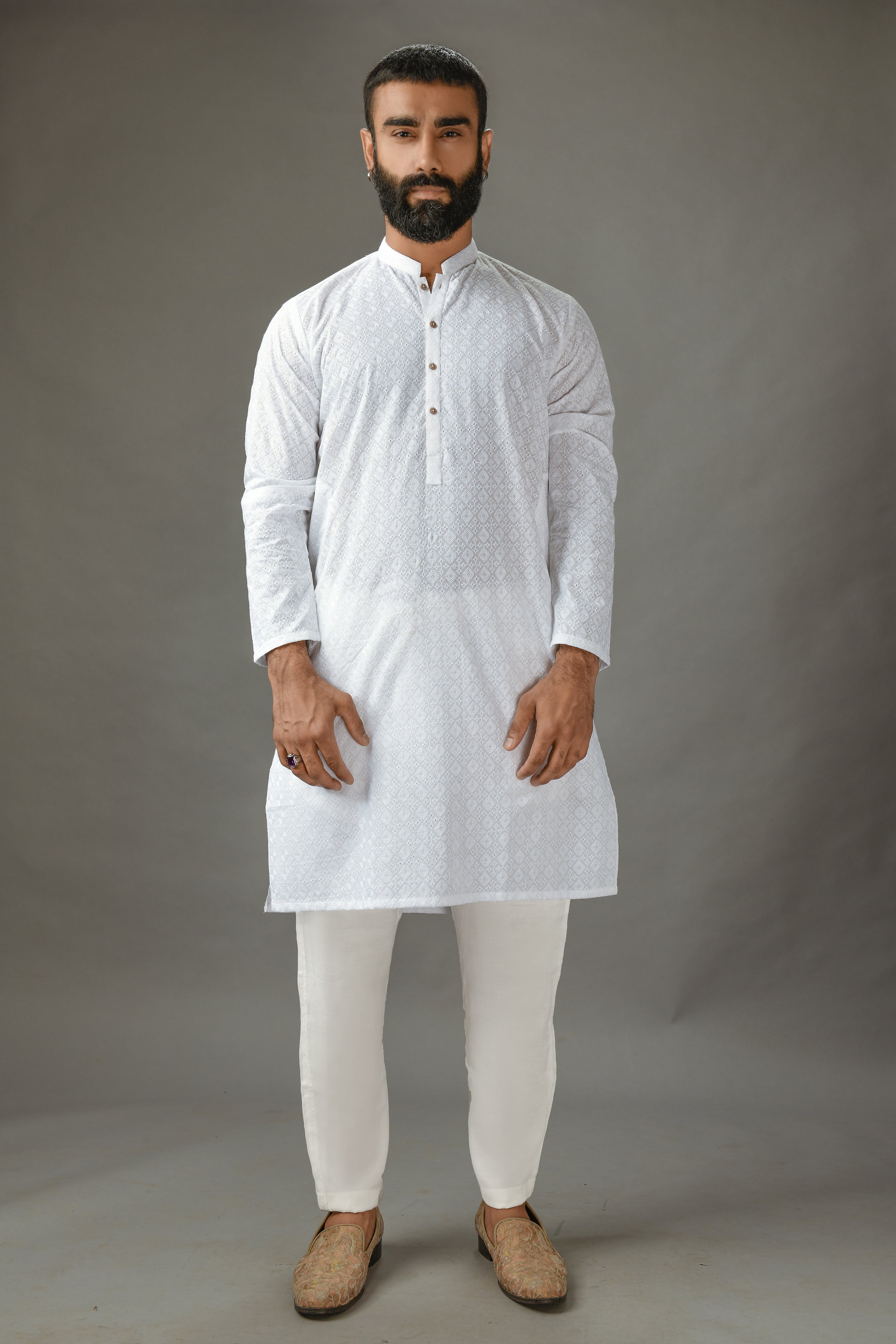 White Chickenkari Kurta