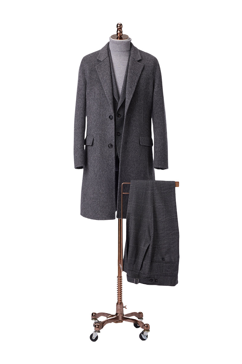 Grey Long Coat Woolen Men 3 piece Suit