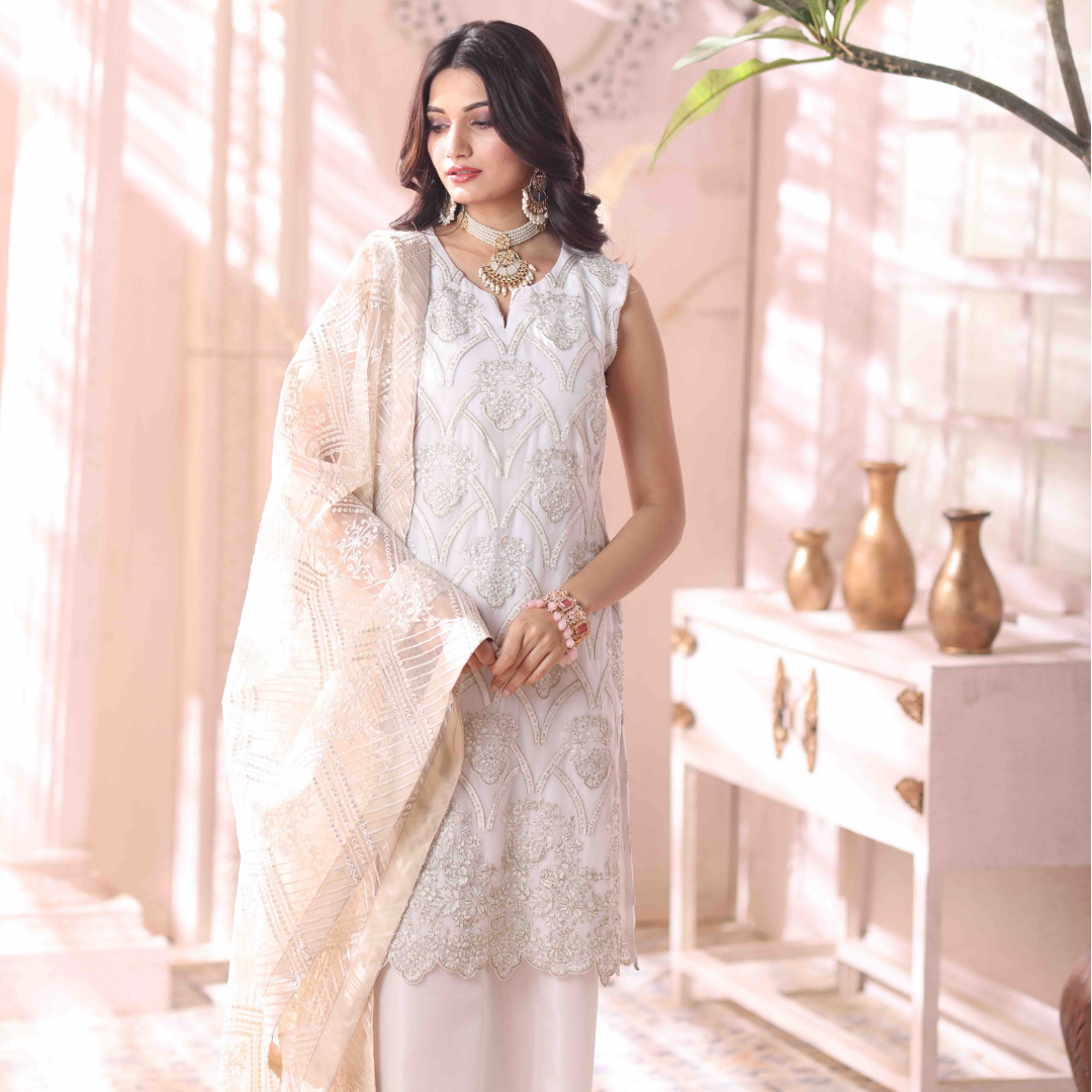 3 Piece Embroidered Chiffon Suit - Ivory Bone White