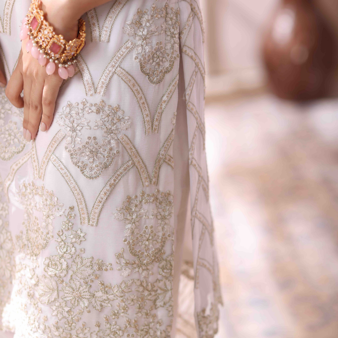 3 Piece Embroidered Chiffon Suit - Ivory Bone White