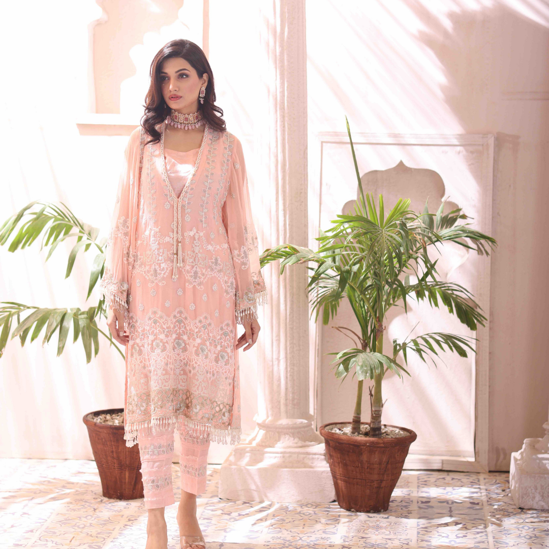 3 Piece Embroidered Chiffon Suit - Pearl Peach