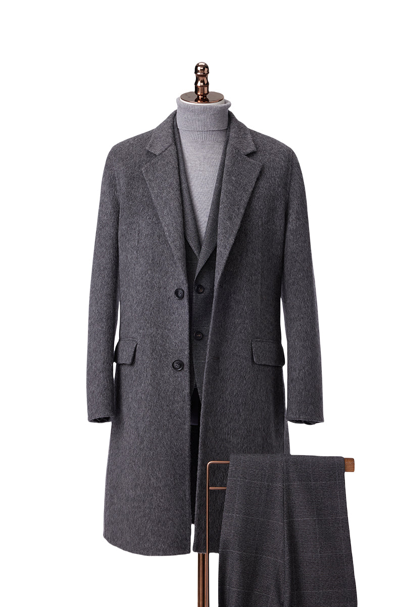 Grey Woolen Overcoat Suit Men 3 piece Suit